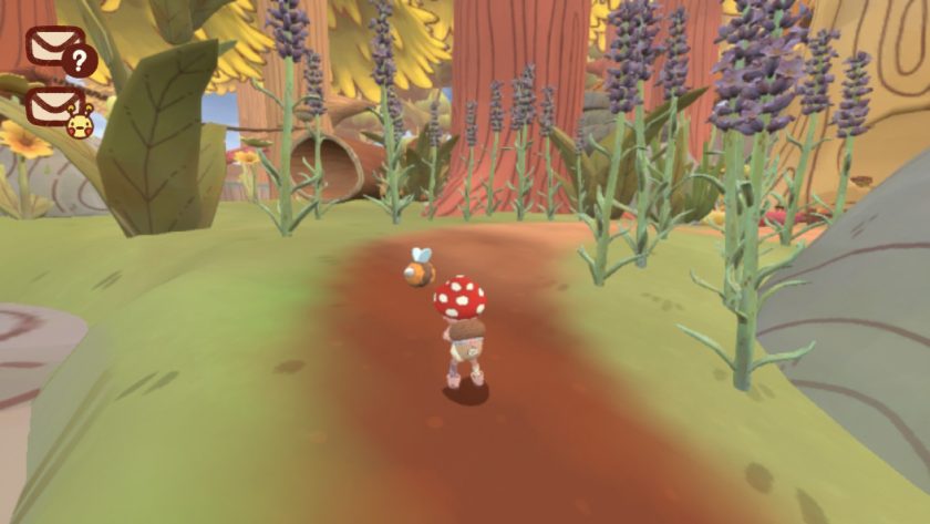 Character in Mail Time walking towards hollow log, with purple flowers nearby.