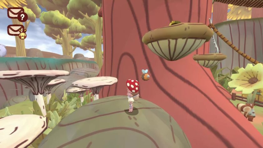 Character in Mail Time standing near tall white mushrooms, above is a mushroom growing out of a tree.