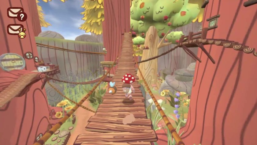 Character in Mail Time walking along one of the wooden walkways towards the coin and a red apple. In the distance is the apple tree.