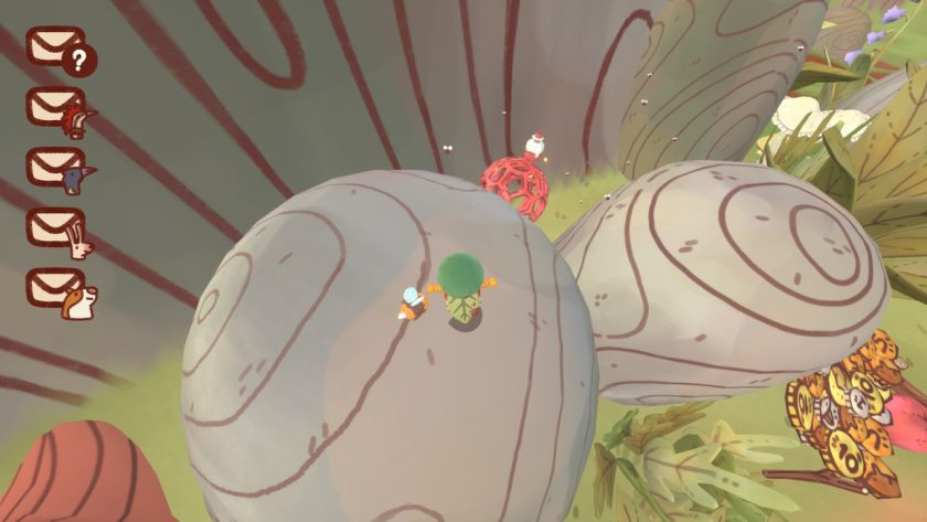 Character in Mail Time standing on a rock in front of the red cage mushroom. Kiki's coin covered lean-to is to the right.