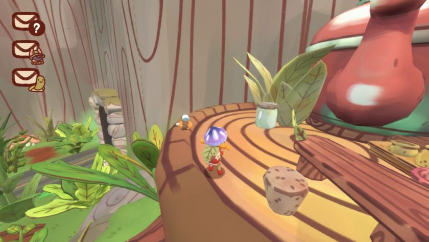 Character in Mail Time standing on Snowdrop's tree stump, with the road to the left side. The pink mushroom is visible in the green foliage.