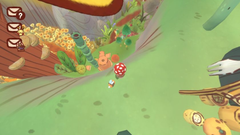 Character in Mail Time standing on the cliff side above a ledge. Below the ledge is the flower field.