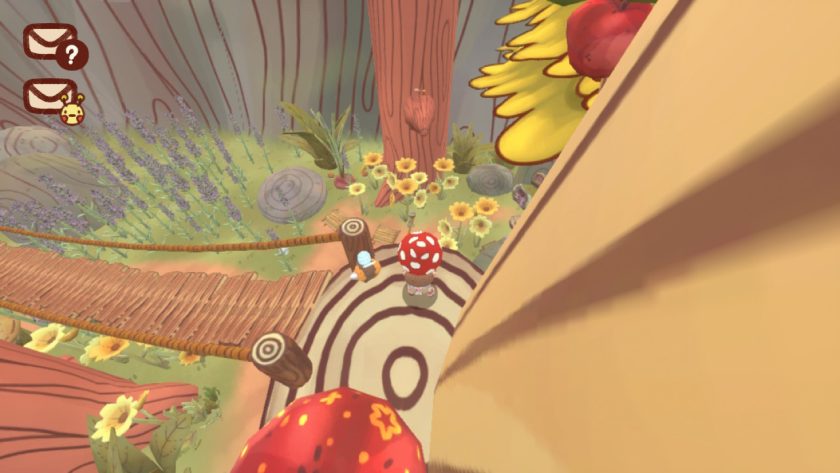 Character in Mail Time about to glide from the apple tree across to a tree branch, which has the bottle cap on it.