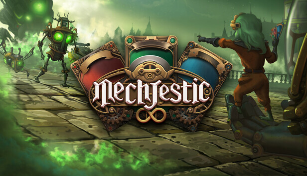 Promotional artwork for Mechjestic, showing a frog and a evil doctor. Published on LadiesGamers