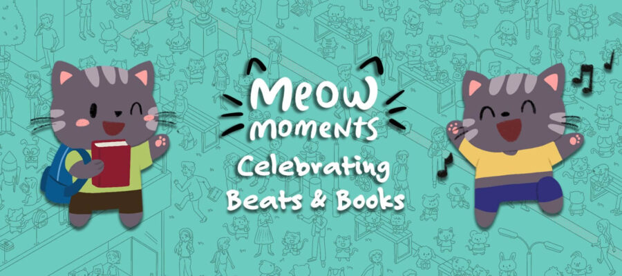 Promotional image for Meow Moments Celebrating Beats and Books, showing the title on a turquoise background with two cat characters either side. Published on LadiesGamers.
