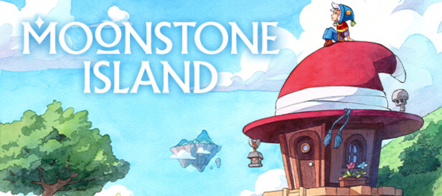 A watercolor of a hat-shaped house has a young girl sitting on the roof. In the blue sky is the Moonstone Island logo.