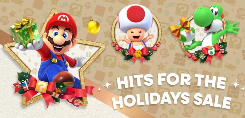Mario, Toad and Yoshi bursting out of shaped windows holding presents. Hits for the Holidays Sale is in bold white lettering. Published on: LadiesGamers