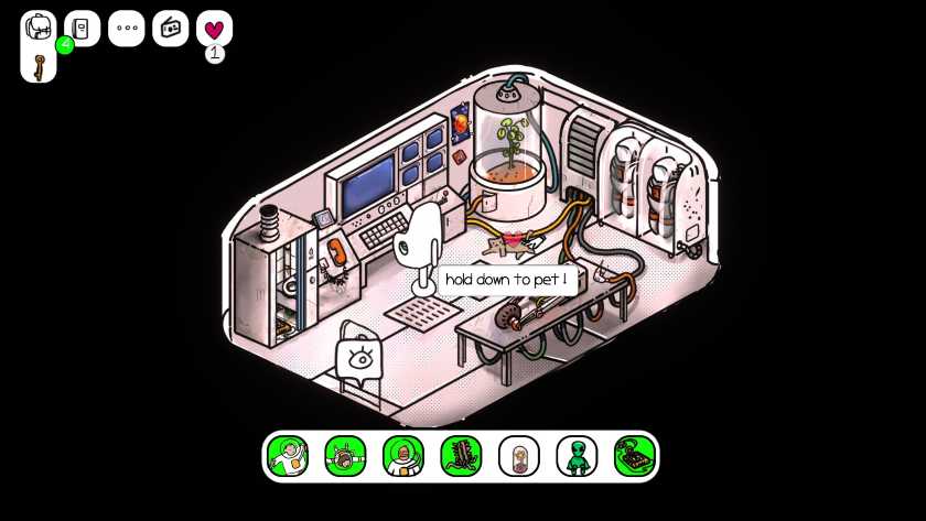 A cat lays in the middle of a room in OVERLOOK, and you can pet it.