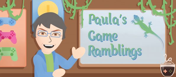 "A welcoming banner for 'Paula's Game Ramblings' features a cartoon avatar of Paula, who is smiling and waving from the left side of the image. She's framed by a cozy room ambiance with elements that suggest a gaming theme, including a controller and a steaming cup of coffee on a window sill. Vines gently drape around the borders, adding to the homey feel. The title text, 'Paula's Game Ramblings,' appears on what looks like a frosted window pane, accompanied by a playful gecko, indicating a personal and informal tone for the content." Published on: LadiesGamers