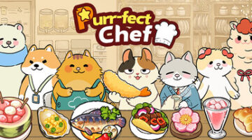 Puff-fect Chef's logo with 5 cats, a ploar bear and a lamma all in cartoon stily with dishes of food in front of them