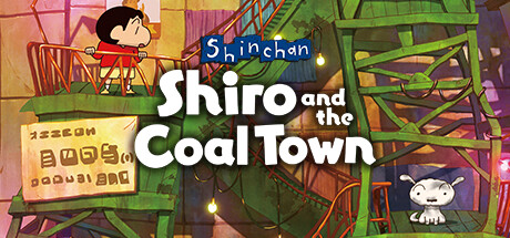 Cover art for the game "Shin chan: Shiro and the Coal Town" featuring the character Shinnosuke Nohara standing on a colorful, industrial structure. Shiro, the small white dog, is seen sitting nearby. The background includes vibrant, abstract elements resembling a town filled with machinery and lights. Also, Best Game of 2024 Published on: LadiesGamers.