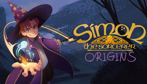 Cover image for Simon the Sorcerer Origins depicting a youthful sorcerer with a charming smile, holding a sparkling, enchanted wand in one hand and a magical, glowing orb in the other. He is dressed in a traditional wizard's attire, complete with a pointed hat adorned with stars and a flowing cloak. The golden title of the game overlays a mystical emblem, set against a dusky forest backdrop that evokes a sense of adventure and magical discovery. Published on: LadiesGamers.