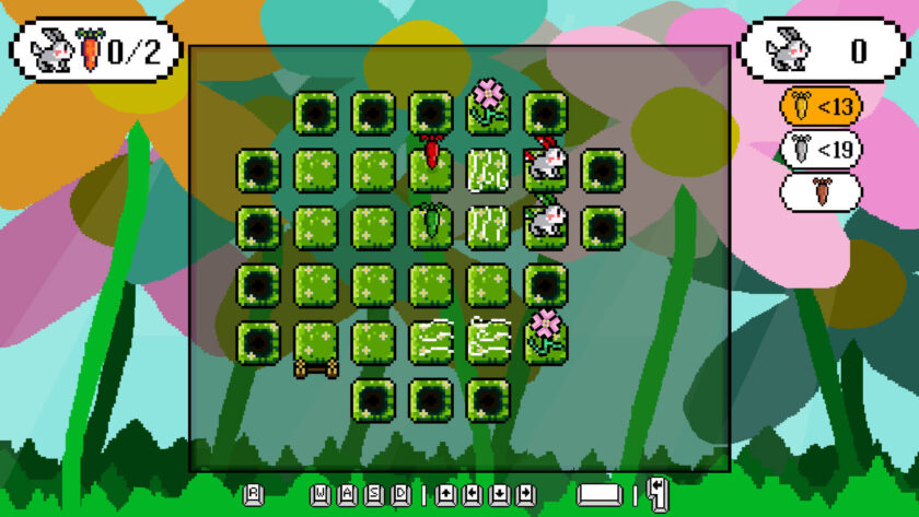 a green field with squares and rabbits