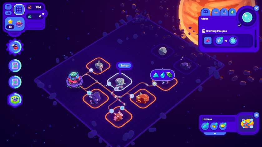 A grid has shows which planet has which raw materials that can be mined in Star Birds.
