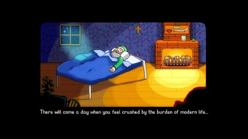 Pixaleted character lying in a blue bed, with a fireplace in the background. He is saying “There will come a day when you feel crushed by the burden of modern life...” Published on: LadiesGamers