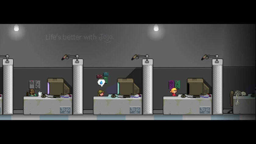 My pixaleted character sitting at a computer, with a camera watching my activities. There is a sadness bubble above the head of my character. Some writing on the wall says “Life's better with Joja.” Published on: LadiesGamers