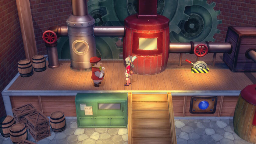 A screenshot from Story of Seasons: Grand Bazaar shows the female protagonist inside a steampunk-style interior of a windmill with exposed brick walls and large mechanical gears. She stands on a wooden platform facing a stout character in a red cap and apron. Behind them are metallic machines with pipes, valves, and a glowing furnace. Wooden barrels and crates are stacked nearby, and a green cabinet with a paper notice is positioned beside a staircase leading down to a stone floor. The scene suggests an industrial setting, possibly related to crafting or upgrading tools. Published on: LadiesGamers.