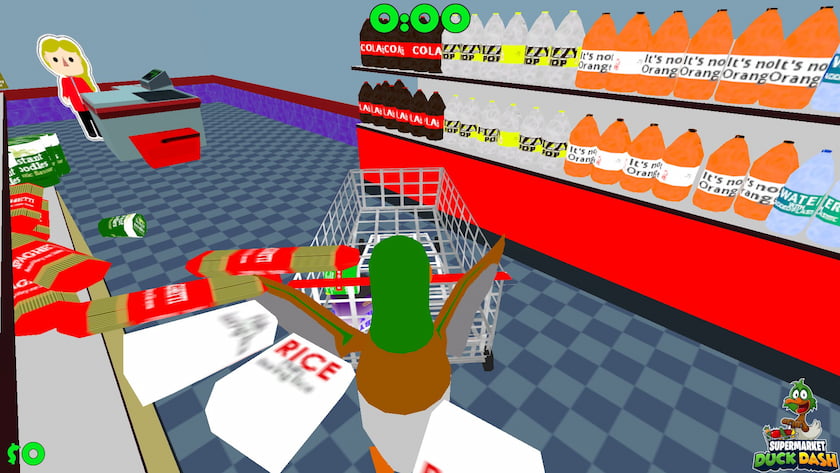 A duck pushes groceries into a pixelated shopping cart with its wing.