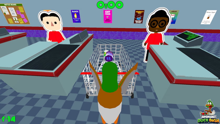 A duck pushes groceries into a pixelated shopping cart with its wing.