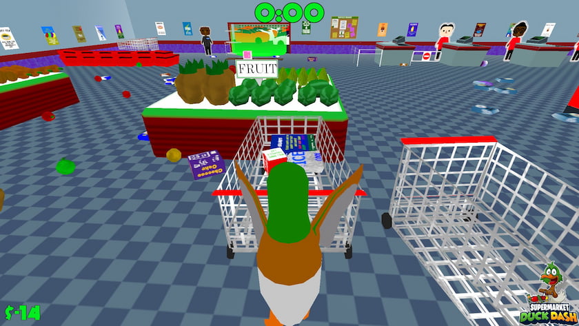 A duck pushes groceries into a pixelated shopping cart with its wing.