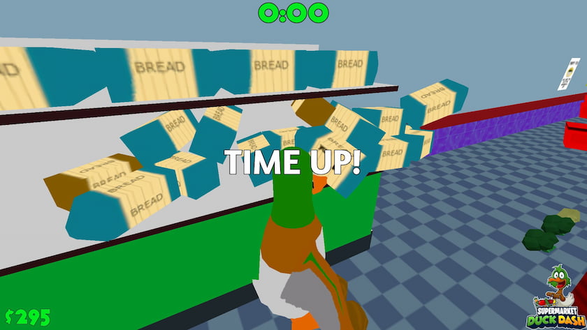 A duck pushes groceries into a pixelated shopping cart with its wing.