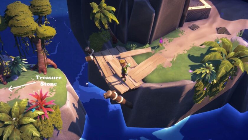 A character standing on a wooden platform, with the location of the treasure stone marked. In the top right you can see the stair platforms. Published on: LadiesGamers