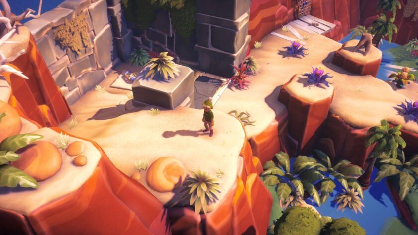 Character standing on a raised area near the treasure stone. There is a log in the water below. Published on: LadiesGamers