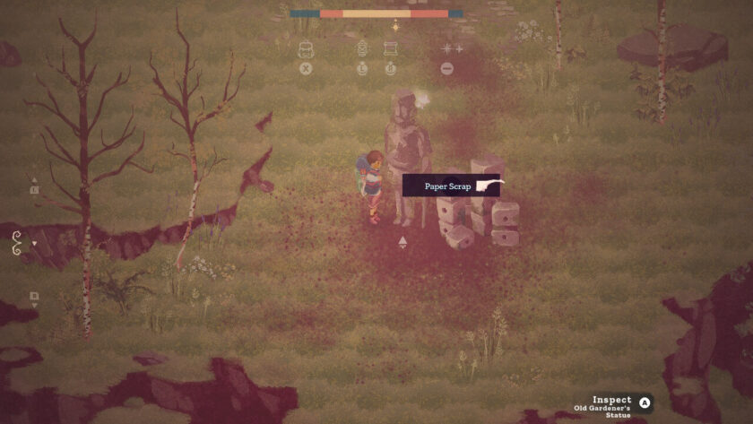 The gardener character inspecting the old gardener statue.