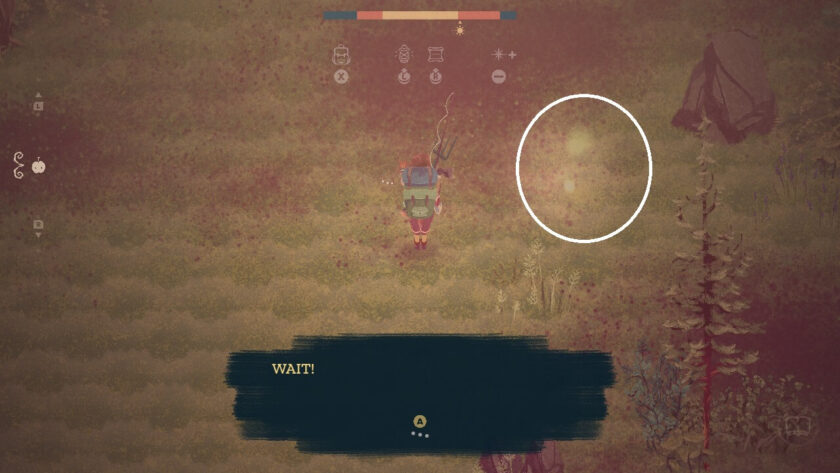 Gardener character walking towards some glowing dots, which have been highlighted with a white circle.