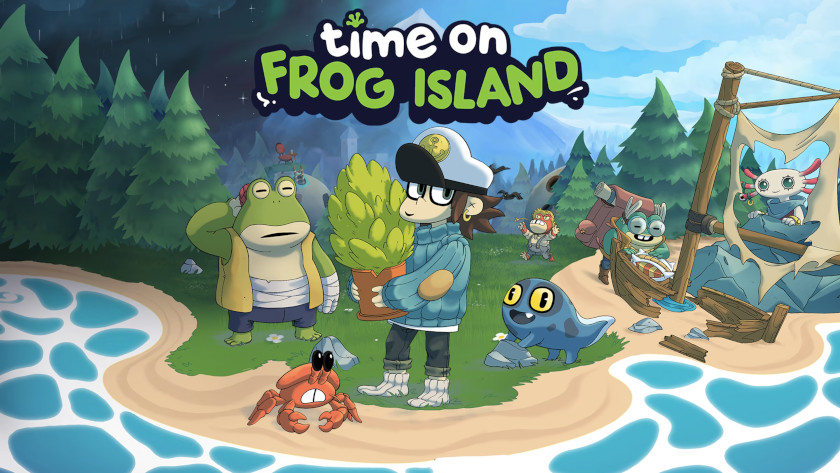 Promotional image for Time on Frog Island with the main character holding a plant on a sea shore. Published on LadiesGamers