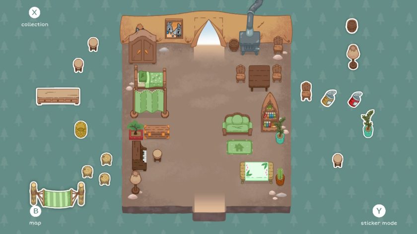 Various bits of furniture arranged in Flynn's Tent, with spares placed outside the tent space.