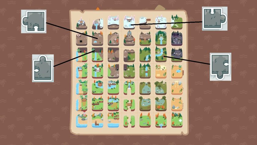 Map with pictures of the 4 jigsaw pieces and lines to their locations.