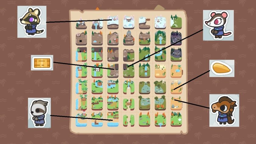 Map with pictures of the 4 members of the brotherhood and lines to their locations. Also the locations of the two gold pieces.