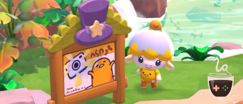 Image for the Tophat Gudetama guide, with the player's character wearing a gudetama hat, top and bottoms. They are standing next to the gudetama notice board.