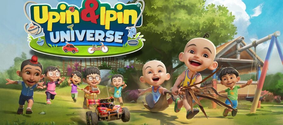 Promotional image for Upin & Ipin Universe showing the twins running along with all their friends. Published on LadiesGamers.