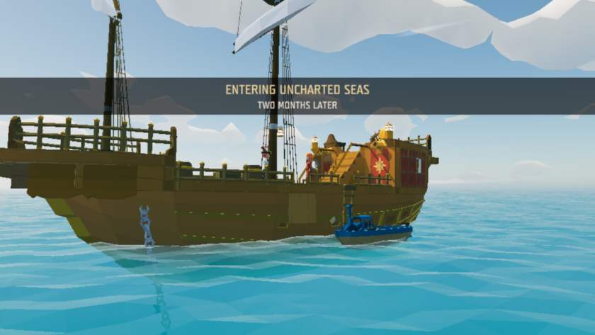 An image from Ylands showing a ship sailing on the sea.