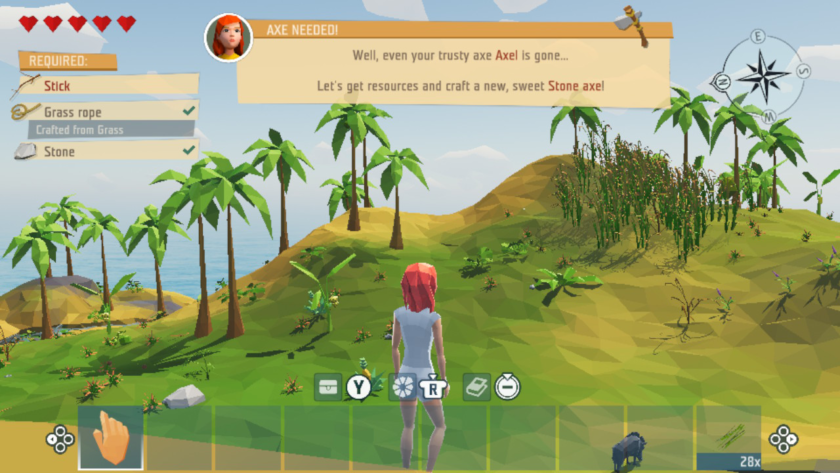 An image from Ylands showing the main character in front of some palm trees and text above that mentions our axe breaking and to find resources to craft a new one.