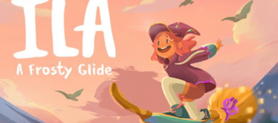 Promotional image for ILA: A Frosty Glide showing Ila on a skatebroom gliding in an orange sky. Published on LadiesGamers.
