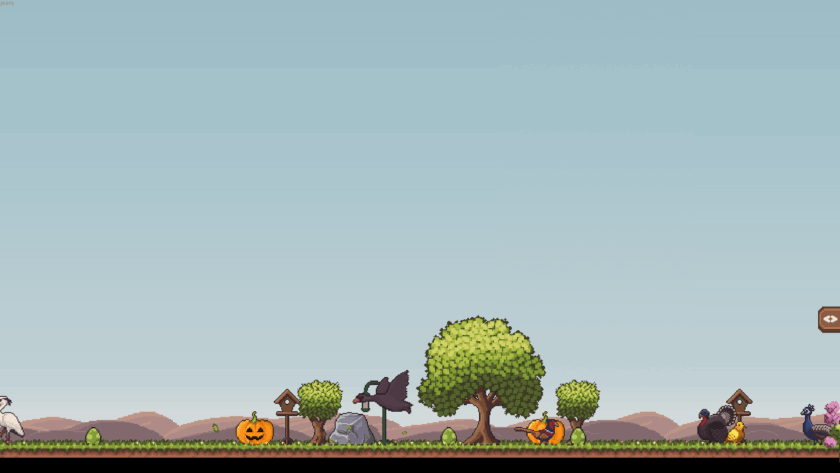 Scene featuring various birds on grassy terrain with a blue sky and distant hills. Birds include a white bird, black bird in flight, colorful bird near a pumpkin, turkey, yellow chick, and peacock. Decorative elements like birdhouses, trees, bushes, pumpkins, and green eggs enhance the whimsical landscape.