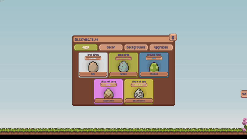 Pixel-art game shop interface showing six bird egg types for purchase, categorized by rarity from common to legendary, with prices ranging from $25 to $50 million. Tabs for eggs, decor, backgrounds, and upgrades appear above a grassy landscape.