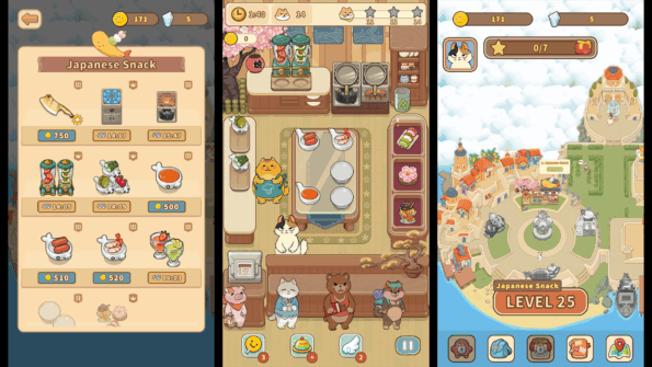 3 screenshots of the mobile game Purr-fect chef: the first one is alll the availble uogrades for you restaurant, the second one is the restaurant with four clients and the last one is a view for the town's map