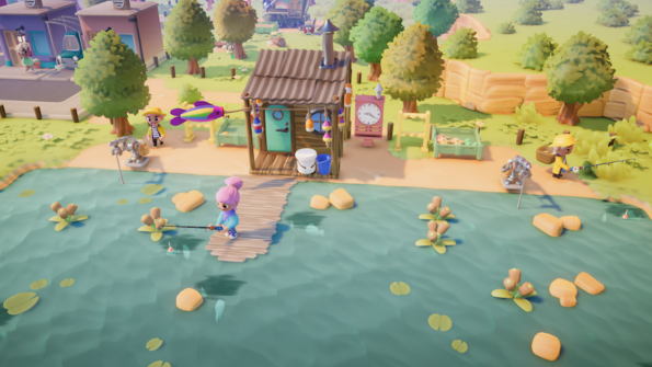 Player and NPC fishing by a wood shack. Two crab pots and storage are also seen.