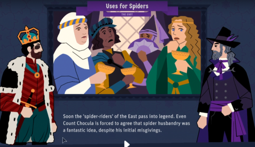 An assortment of characters in medieval garb, looking a bit surprised and unsettled. A banner by the top of the screen says "Uses for Spiders", and the dialogue box across the bottom narrates "Soon the 'spider-riders' of the East pass into legend. Even Count Chocula is forced to agree that spider husbandry was a fantastic idea, despite his initial misgivings."
